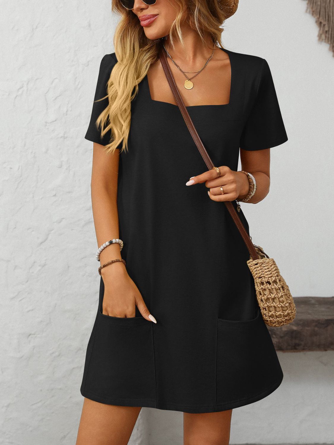 Square Neck Short Sleeve Mini Dress