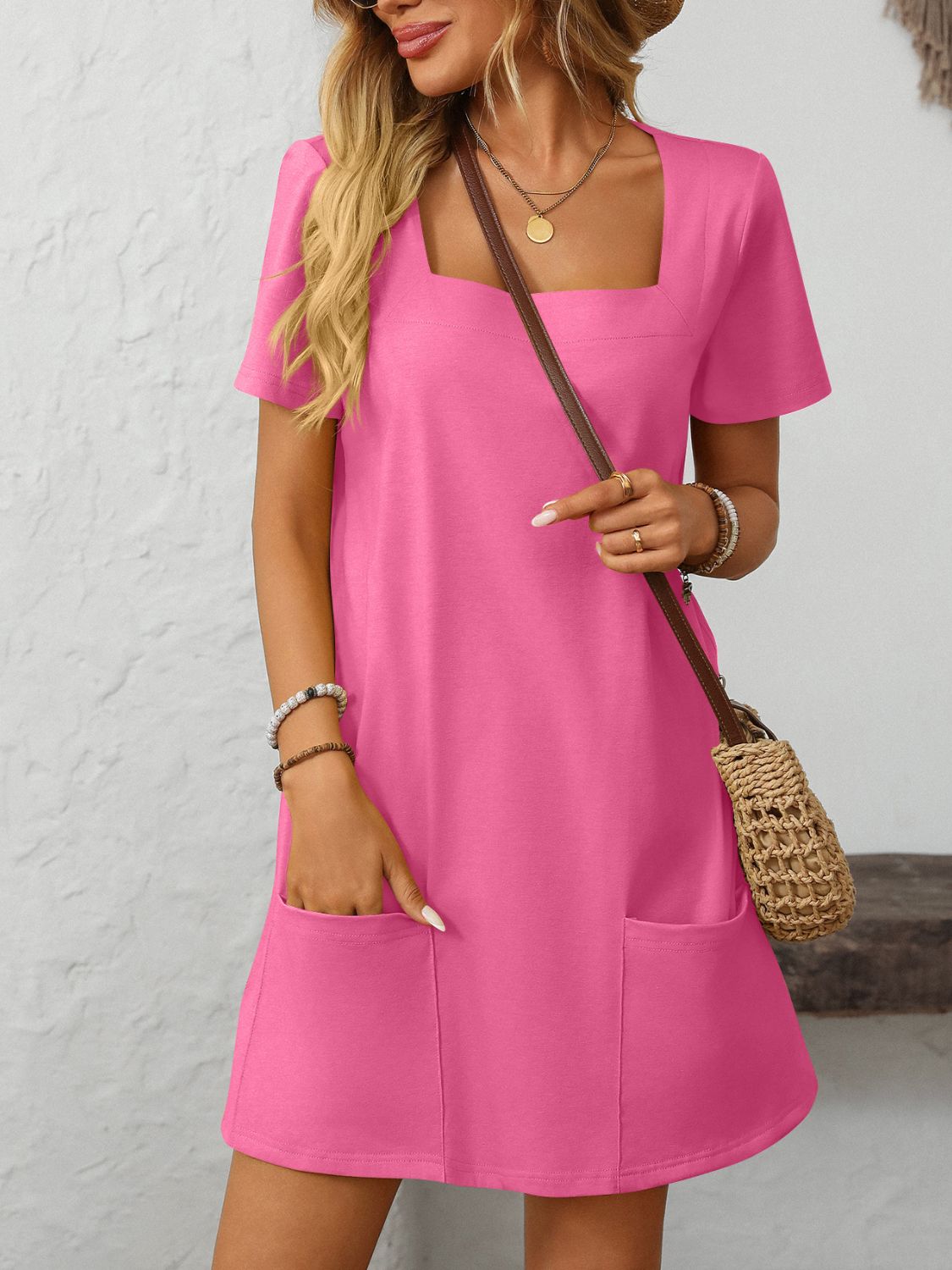 Square Neck Short Sleeve Mini Dress