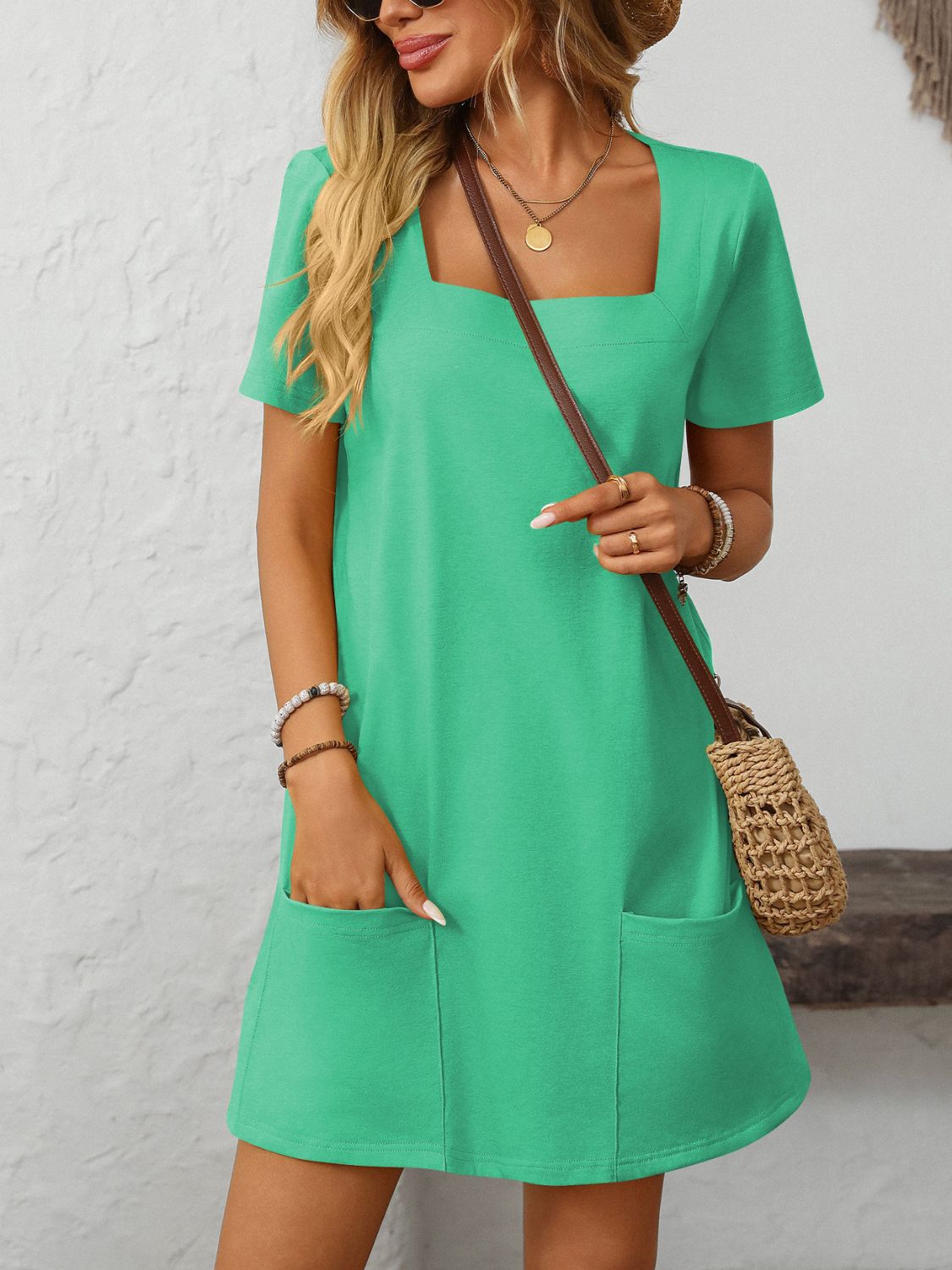 Square Neck Short Sleeve Mini Dress