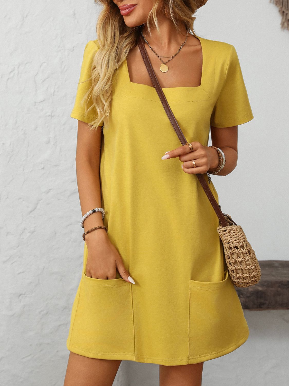 Square Neck Short Sleeve Mini Dress